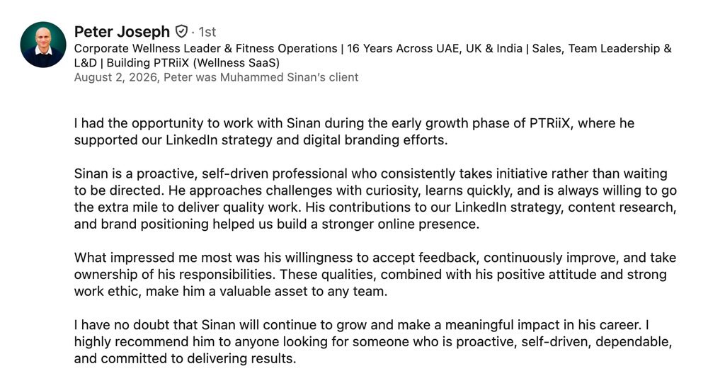 Peter Joseph's recommendation on Sinan's LinkedIn profile, 2 August 2026, in full