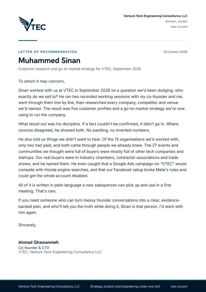 VTEC's letter of recommendation for Sinan, signed by Ahmad Ghawanmeh, Co-founder and CTO, 18 October 2026