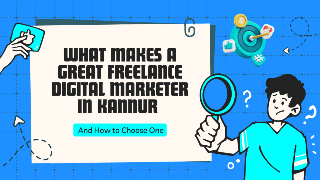 Illustration of the best freelance digital marketing strategist in Kannur guiding a local business owner through digital marketing strategies like SEO and performance marketing